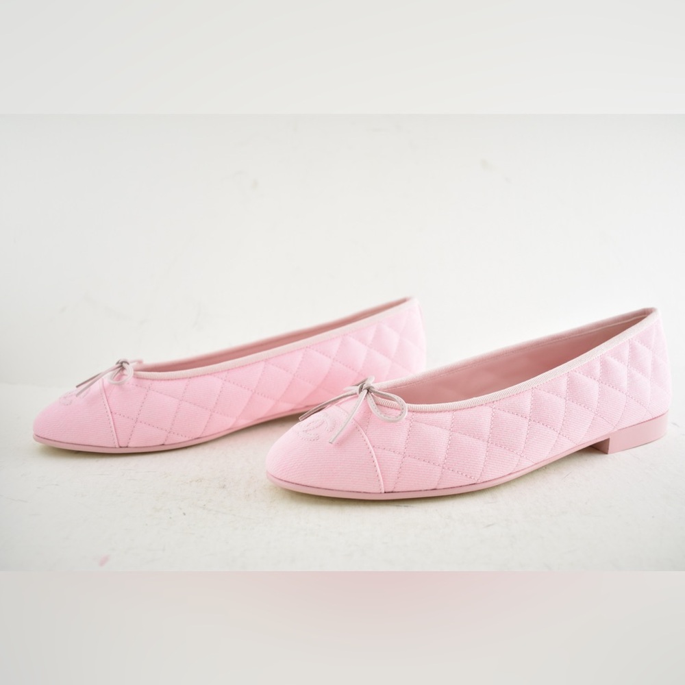 Chanel 26P Light Pink Denim Quilted CC Logo Bow Tie Ballet Ballerina Flat 39 - Picture 14 of 16